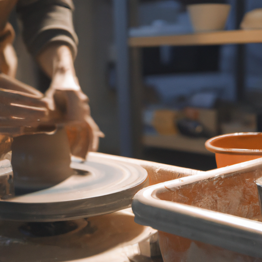 A bright pottery studio scene with wheel, clay tools, glaze shelves, and hands shaping clay under soft cinematic light