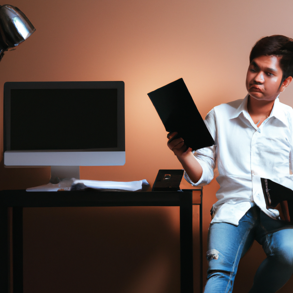 Portrait of a learning designer holding a notebook and tablet in a warm-lit creative workshop with minimal background