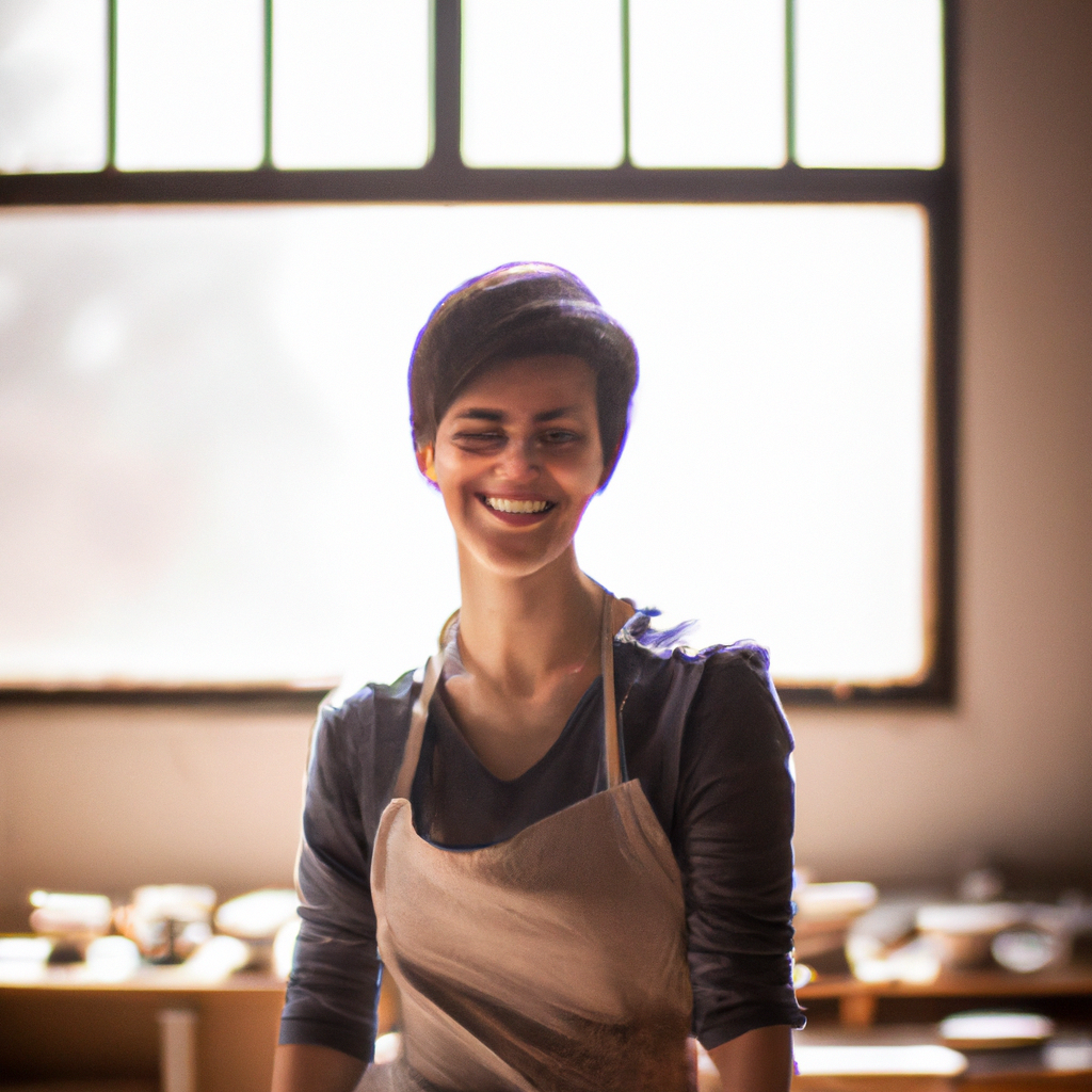 Portrait of a pottery instructor smiling in a studio apron with soft window light and clay shelves behind