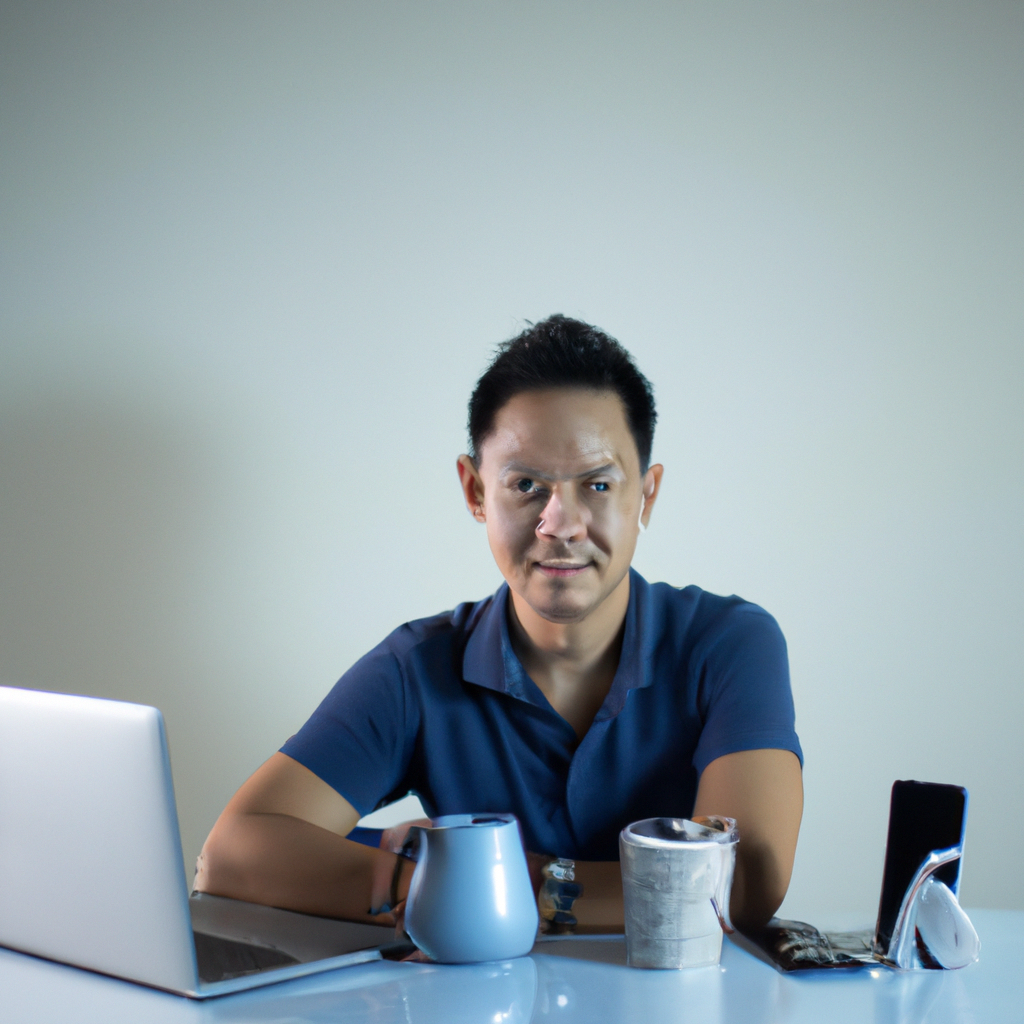 Portrait of a product engineer in a modern workspace with a laptop and ceramic cup, cool tones and soft depth of field